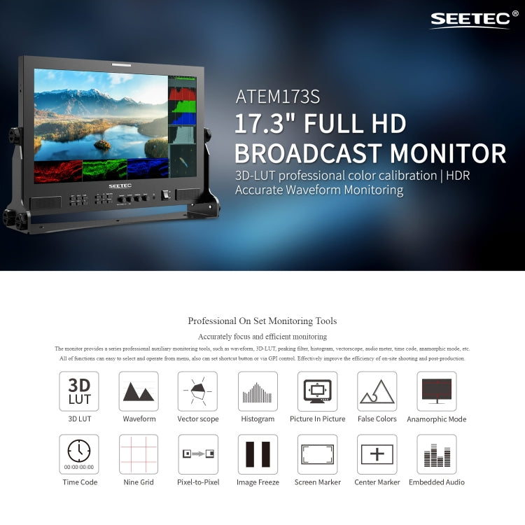 SEETEC ATEM173S 17.3 inch 3G-SDI HDMI Full HD 1920x1080 Multi-camera Broadcast Monitor(EU Plug) - On-camera Monitors by SEETEC | Online Shopping UK | buy2fix