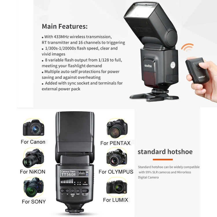 Godox TT560II Wireless 433MHz GN38 Camera Flash Speedlite Light (Black) - Shoe Mount Flashes by Godox | Online Shopping UK | buy2fix