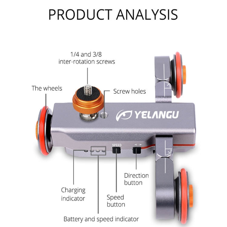 YELANGU L4X Camera 3-wheel Dolly II Electric Track Slider 3-Wheel Video Pulley Rolling Dolly Car with Remote Control for DSLR / Home DV Cameras, GoPro, Smartphones, Load: 3kg(Grey) - Camera Dolly by YELANGU | Online Shopping UK | buy2fix