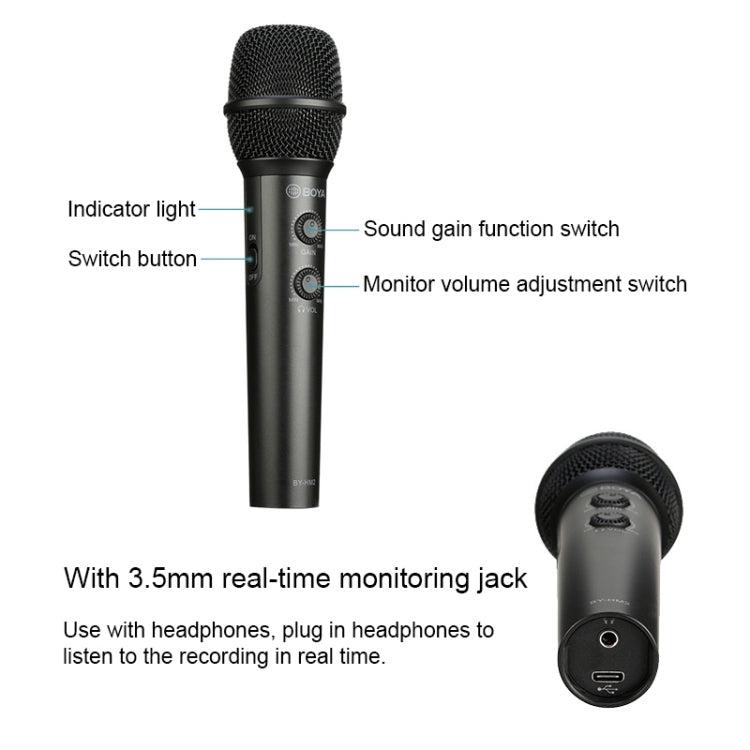 BOYA BY-HM2 Professional Handheld Condenser Microphone 3.5mm Headphone Port with 8 Pin / Type-C / USB Interface 1.2m Extension Cable & Holder - Microphone by BOYA | Online Shopping UK | buy2fix