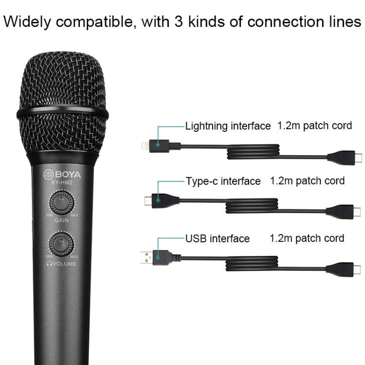 BOYA BY-HM2 Professional Handheld Condenser Microphone 3.5mm Headphone Port with 8 Pin / Type-C / USB Interface 1.2m Extension Cable & Holder - Microphone by BOYA | Online Shopping UK | buy2fix