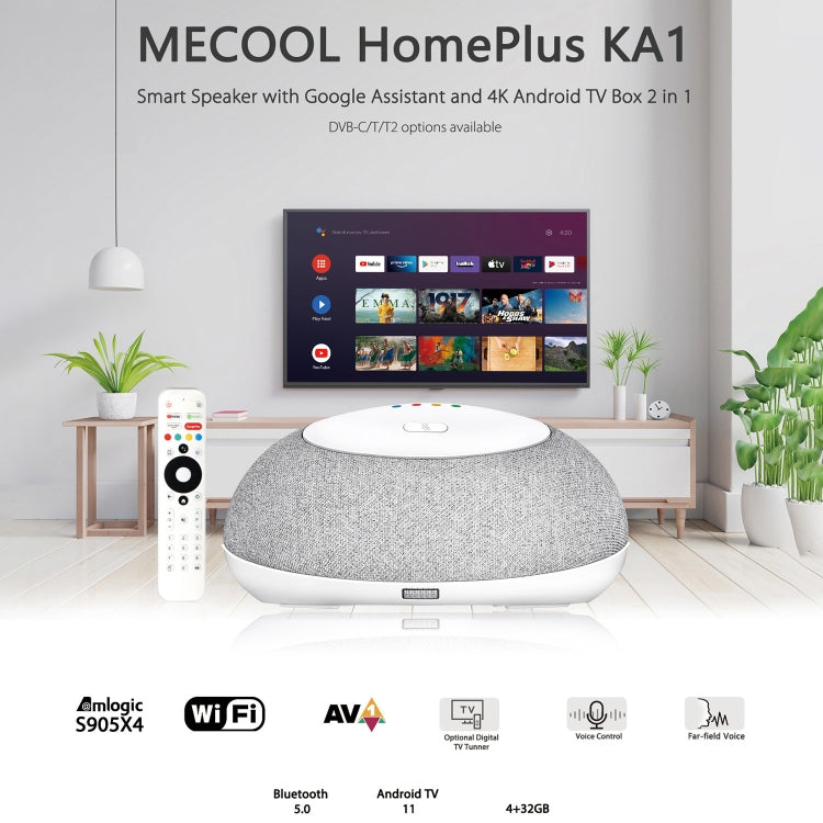 MECOOL KA1 Smart TV Speaker Android 11 TV Box with Remote Control, Amlogic S905X4 Quad Core Cortex-A55, 4GB+32GB, Dual-Band / Bluetooth / Ethernet / DVB-T/T2 / DVB-C(EU Plug) - Amlogic S905 by MECOOL | Online Shopping UK | buy2fix