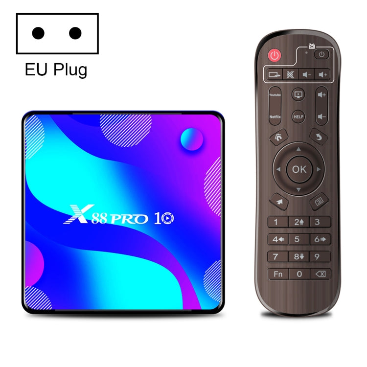 X88 Pro 10 4K Ultra HD Android TV Box with Remote Controller, Android 10.0, RK3318 Quad-Core 64bit Cortex-A53, 4GB+64GB, Support Bluetooth / Dual-Band WiFi / TF Card / USB / AV / Ethernet(EU Plug) - RK3318 by buy2fix | Online Shopping UK | buy2fix