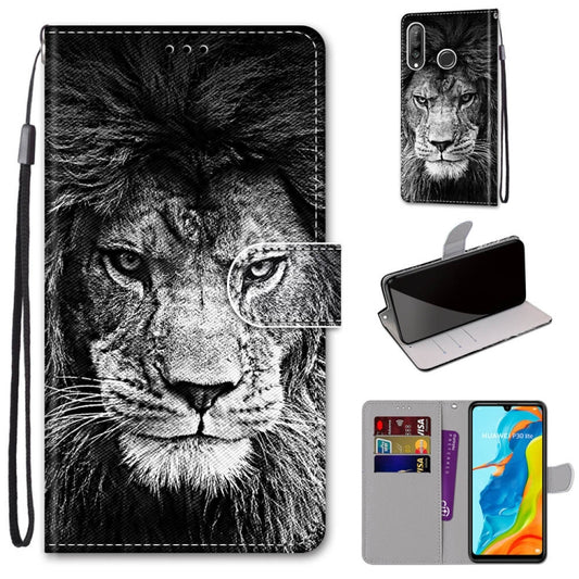 For Huawei P30 Lite Coloured Drawing Cross Texture Horizontal Flip PU Leather Case with Holder & Card Slots & Wallet & Lanyard(B11 Black White Lion Head) - Mobile Accessories by buy2fix | Online Shopping UK | buy2fix