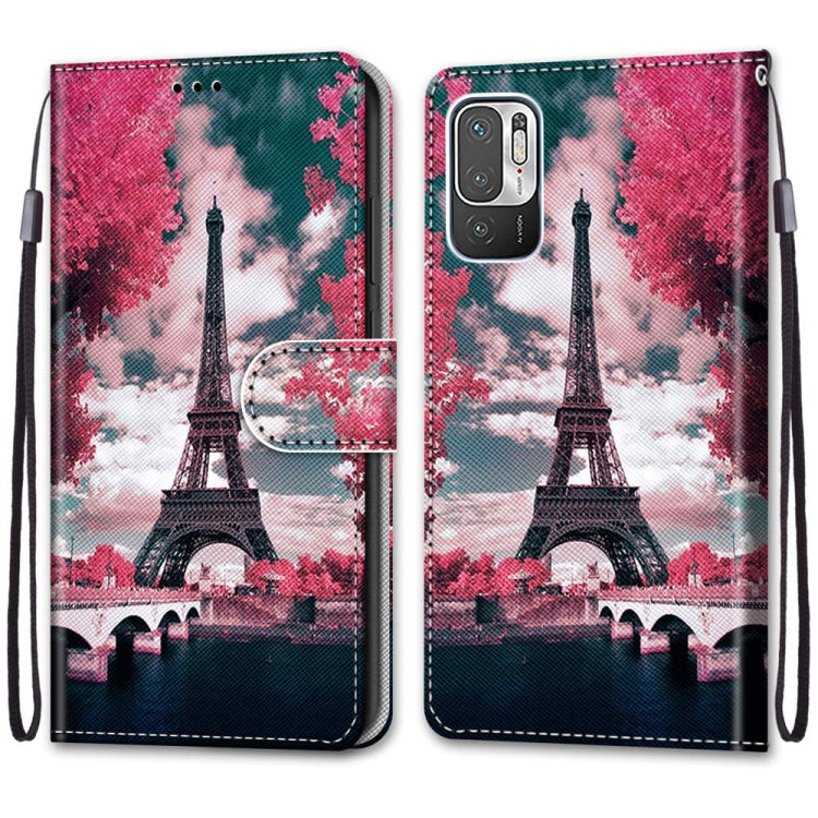 For Xiaomi Redmi Note 10 5G Coloured Drawing Cross Texture Horizontal Flip PU Leather Case with Holder & Card Slots & Wallet & Lanyard(Pink Flower Tower Bridge) - Xiaomi Cases by buy2fix | Online Shopping UK | buy2fix
