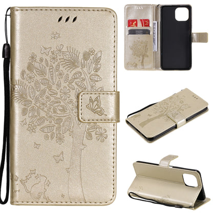 For Xiaomi Mi 11 Lite 5G Tree & Cat Pattern Pressed Printing Horizontal Flip PU Leather Case with Holder & Card Slots & Wallet & Lanyard(Gold) - Xiaomi Cases by Diaobaolee | Online Shopping UK | buy2fix