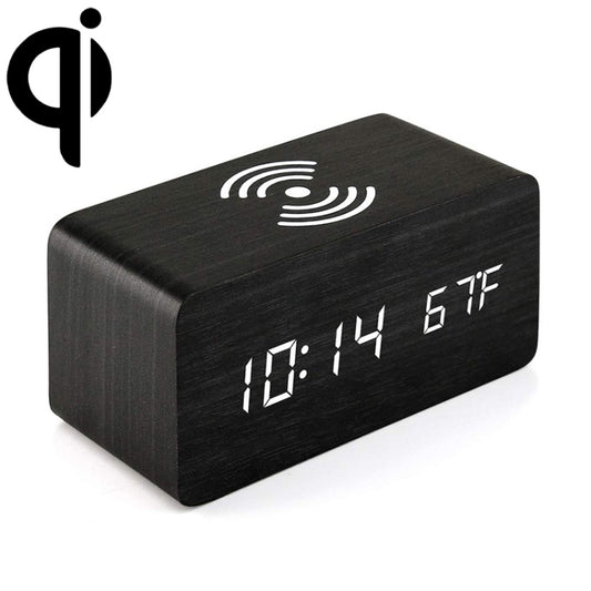 KD8801 5W Wooden Creative Wireless Charger LED Mirror Digital Display Sub-alarm Clock, Regular Style(Black Wood White Characters) - Apple Accessories by buy2fix | Online Shopping UK | buy2fix