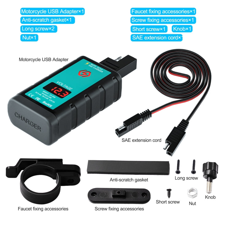 WUPP ZH-1422A2 DC12-24V Motorcycle Square Dual USB Fast Charging Charger with Switch + Voltmeter + Integrated SAE Socket + 1m SAE Socket Cable - In Car by WUPP | Online Shopping UK | buy2fix