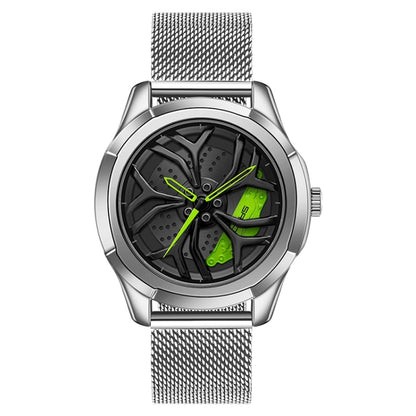 SANDA 1065 3D Hollow Out Wheel Non-rotatable Dial Quartz Watch for Men, Style:Mesh Belt(Silver Green) - Metal Strap Watches by SANDA | Online Shopping UK | buy2fix