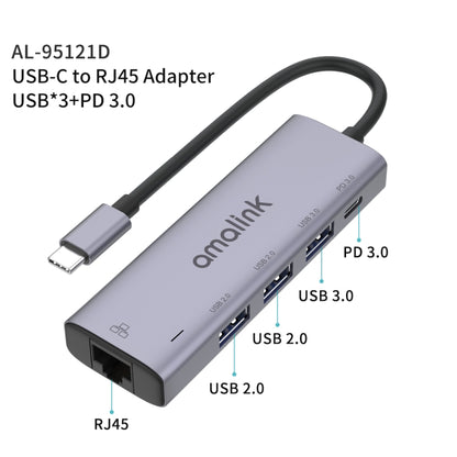 amalink 95121D Type-C / USB-C to RJ45 + 3 Ports USB + PD 3.0 Multi-function HUB(Grey) - USB HUB by amalink | Online Shopping UK | buy2fix