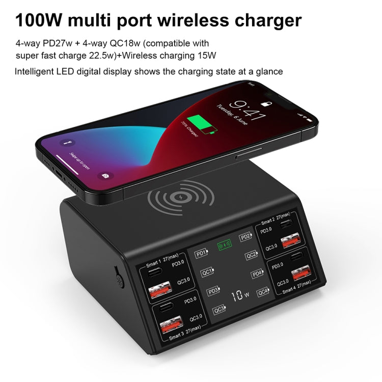 838w 9 in 1 100W 4 PD 3.0 USB-C / Type-C + 4 QC 3.0 USB Ports Smart Digital Display Wireless Charger, AU Plug(Black) - Multifunction Charger by buy2fix | Online Shopping UK | buy2fix