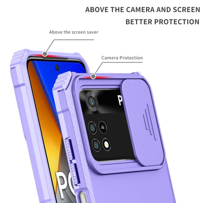 For Xiaomi Poco M4 Pro 4G Stereoscopic Holder Sliding Camshield Phone Case(Purple) - Xiaomi Cases by buy2fix | Online Shopping UK | buy2fix