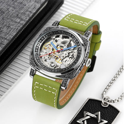 SKMEI 9271 Stainless Steel Buckle Leather Strap Waterproof Mechanical Watch(Green) - Leather Strap Watches by SKMEI | Online Shopping UK | buy2fix