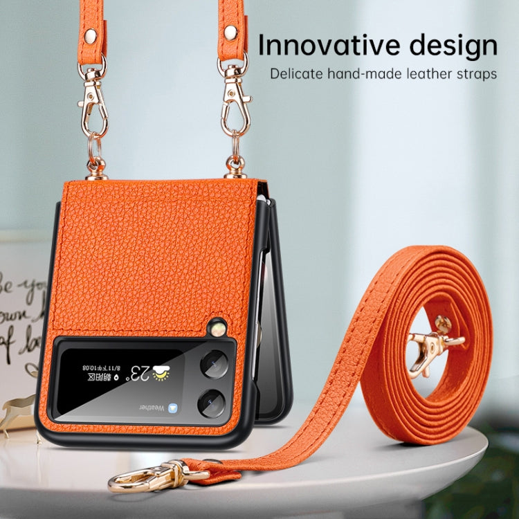 For Samsung Galaxy Z Flip3 5G SULADA Litchi Texture Leather + TPU Phone Case with Strap(Orange) - Galaxy Phone Cases by SULADA | Online Shopping UK | buy2fix