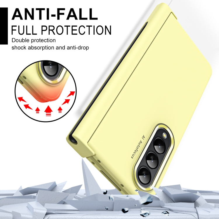 For Samsung Galaxy Z Fold4 Skin Feel Two-color Contact Lens Hinge Flip Phone Case with Pen Slot(Yellow) - Galaxy Z Fold4 5G Cases by buy2fix | Online Shopping UK | buy2fix