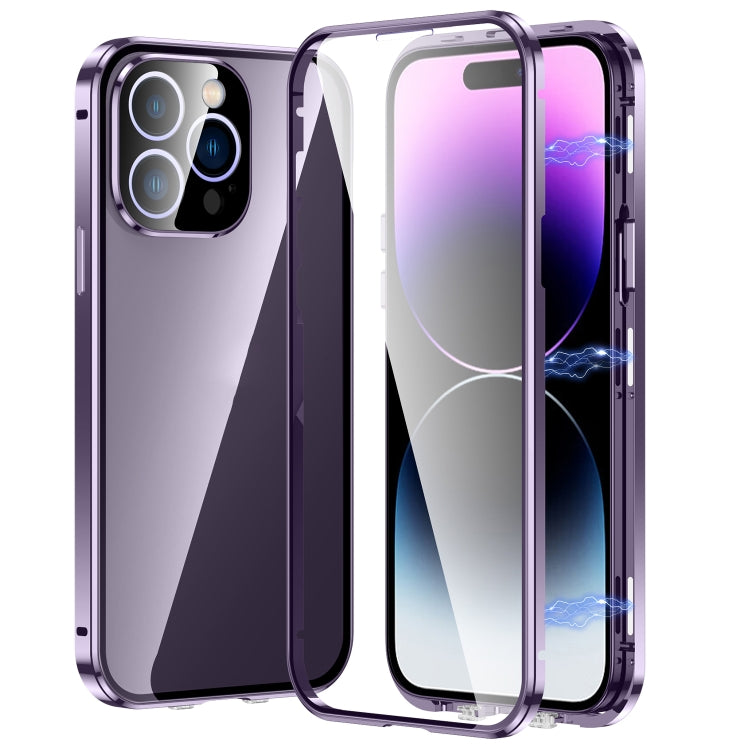 For iPhone 14 Pro Max Magnetic Double-buckle HD Tempered Glass Phone Case (Purple) - iPhone 14 Pro Max Cases by buy2fix | Online Shopping UK | buy2fix