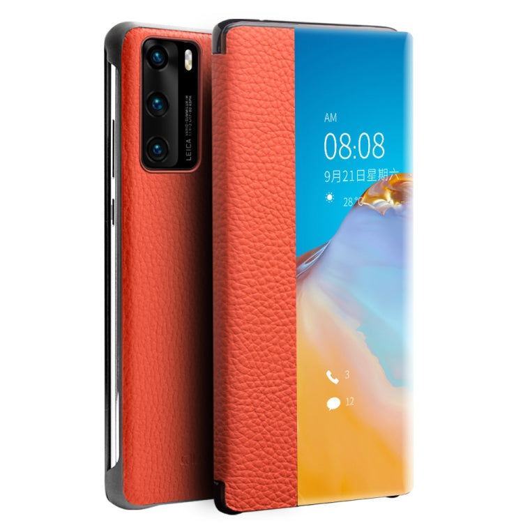 For Huawei P40 Pro QIALINO Litchi Texture Side Window View Leather Phone Case(Orange) - Huawei Cases by QIALINO | Online Shopping UK | buy2fix