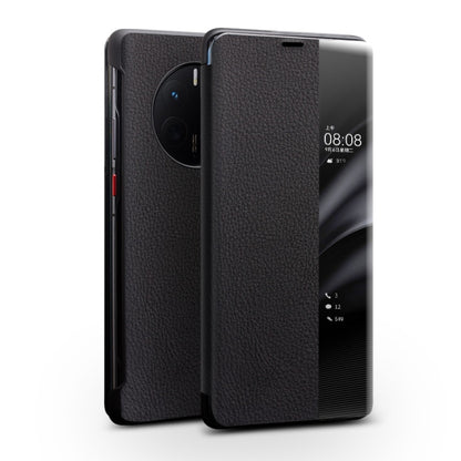 For Huawei Mate 50 QIALINO Genuine Leather Side Window View Smart Phone Case(Black) - Huawei Cases by QIALINO | Online Shopping UK | buy2fix