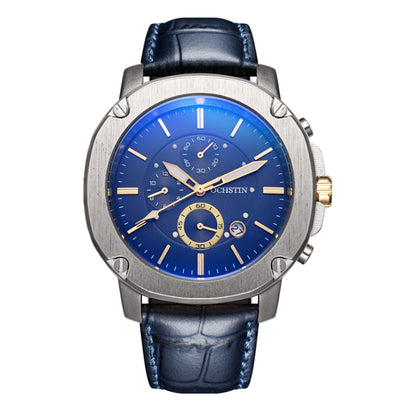 Ochstin 5039C Multifunctional Business Men Watch Luminous Waterproof Leather Quartz Watch(Silver+Gold+Blue) - Leather Strap Watches by OCHSTIN | Online Shopping UK | buy2fix