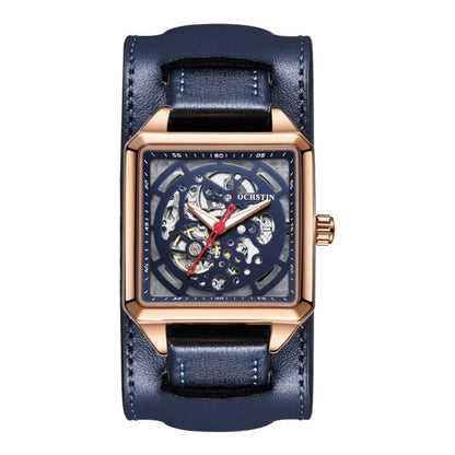 Ochstin 7237 Business Leather Wrist Wrist Waterproof Luminous Skeleton Mechanical Watch(Rose Gold+Blue) - Leather Strap Watches by OCHSTIN | Online Shopping UK | buy2fix