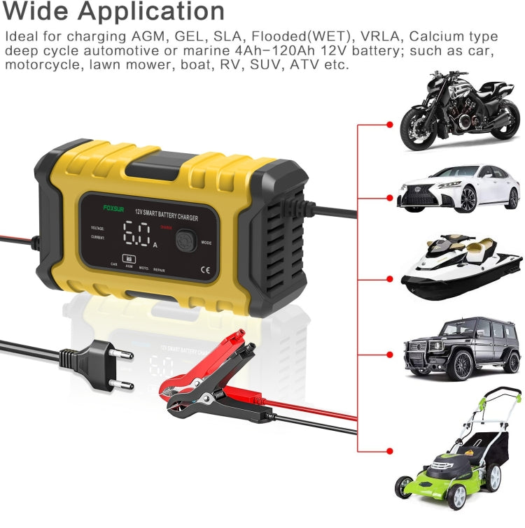 FOXSUR 6A 12V Motorcycle / Car Smart Battery Charger, Plug Type:US Plug(Yellow) - Battery Charger by FOXSUR | Online Shopping UK | buy2fix