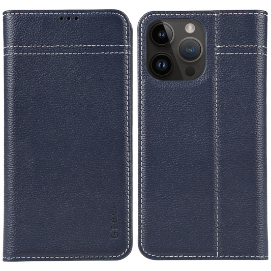 For iPhone 14 Pro Max GEBEI Top-grain Horizontal Flip Leather Phone Case(Blue) - iPhone 14 Pro Max Cases by GEBEI | Online Shopping UK | buy2fix