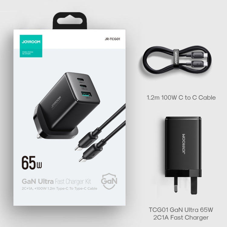 JOYROOM TCG01 GaN Ultra 65W 2 Type-C + 1 USB Fast Charger with 1.2m Type-C Cable, Plug:UK Plug(Black) -  by JOYROOM | Online Shopping UK | buy2fix