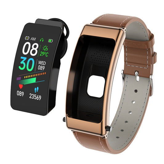 K50 1.08 inch Leather Band Earphone Detachable IP67 Waterproof Smart Watch Support Bluetooth Call(Brown) - Smart Wear by buy2fix | Online Shopping UK | buy2fix