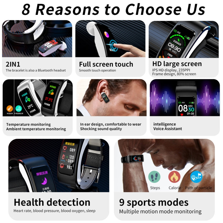 K60 1.08 inch Steel Band Earphone Detachable Life Waterproof Smart Watch Support Bluetooth Call(Black) - Smart Wear by buy2fix | Online Shopping UK | buy2fix