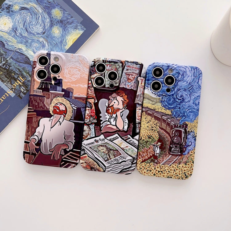 For iPhone 14 Precise Hole Oil Painting Glossy PC Phone Case(Newspaper) - iPhone 14 Cases by buy2fix | Online Shopping UK | buy2fix