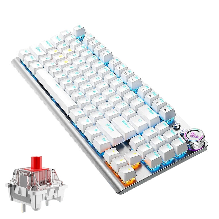 AULA F3001 Backlit 87 Keys Wired/Wireless/Bluetooth Three Model Mechanical Gaming Keyboard(Silver White Red Shaft) - Wireless Keyboard by AULA | Online Shopping UK | buy2fix