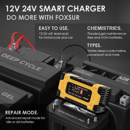 FOXSUR 12V / 24V / 10A Car / Motorcycle Battery Smart Repair Lead-acid Battery Charger(UK Plug Yellow) - Battery Charger by FOXSUR | Online Shopping UK | buy2fix