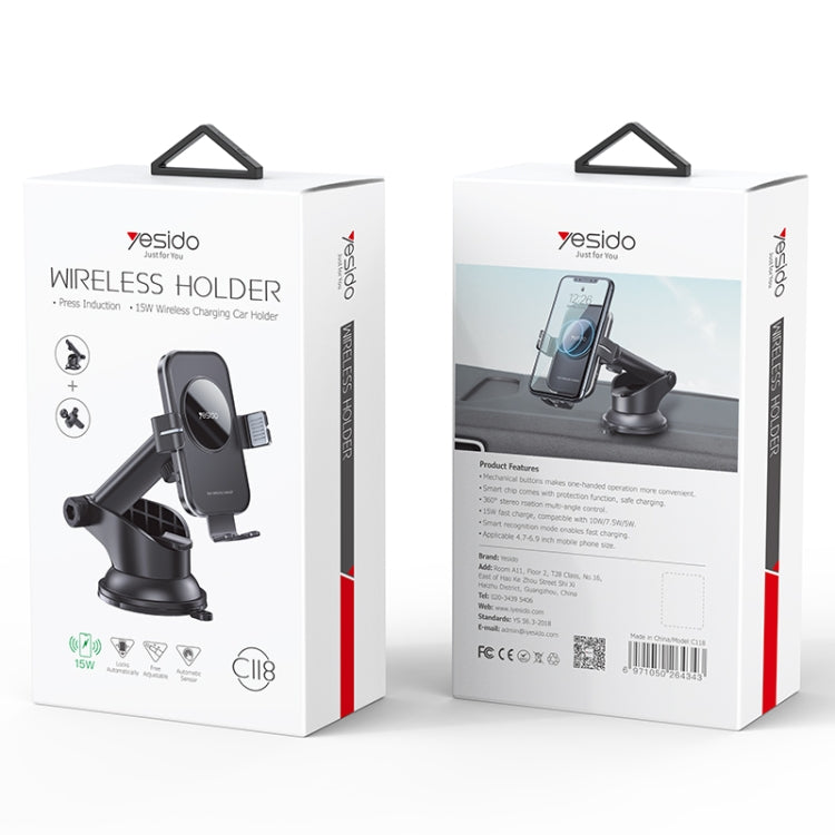 Yesido C118 15W Car Wireless Fast Charger Smart Induction Suction Cup Phone Holder(Black) -  by Yesido | Online Shopping UK | buy2fix