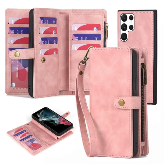 For Samsung Galaxy S22 Ultra 5G Zipper Wallet Detachable MagSafe Leather Phone Case(Pink) - Galaxy S22 Ultra 5G Cases by buy2fix | Online Shopping UK | buy2fix