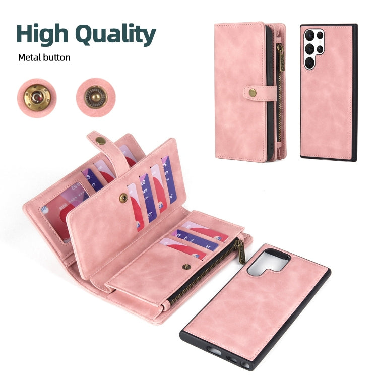 For Samsung Galaxy S22 Ultra 5G Zipper Wallet Detachable MagSafe Leather Phone Case(Pink) - Galaxy S22 Ultra 5G Cases by buy2fix | Online Shopping UK | buy2fix