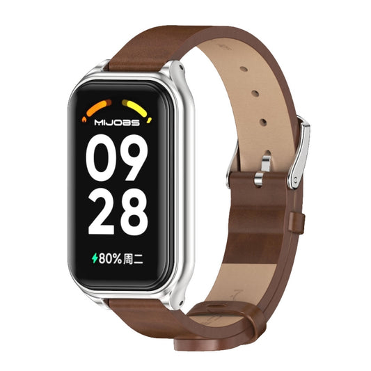 For Xiaomi Smart Band 8 Active / Redmi Band 2 Mijobs Metal Shell Microfiber PU Leather Watch Band(Brown Silver) - Watch Bands by MIJOBS | Online Shopping UK | buy2fix