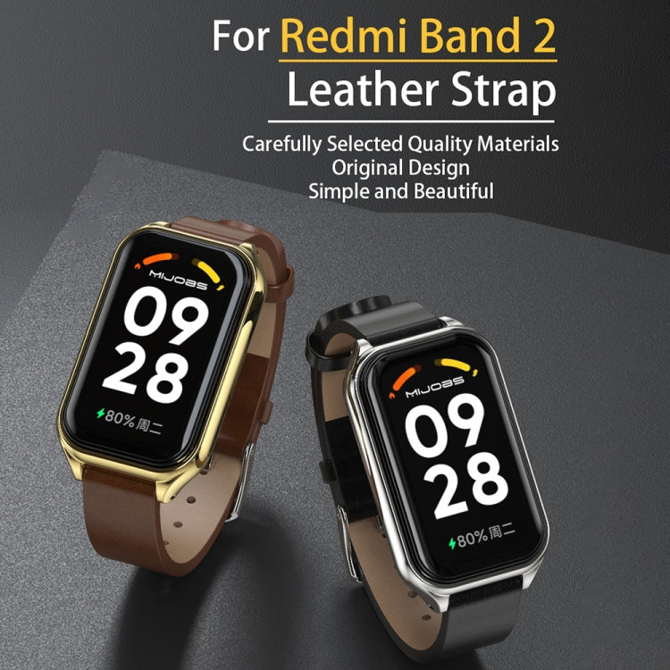 For Xiaomi Smart Band 8 Active / Redmi Band 2 Mijobs Metal Shell Genuine Leather Watch Band(Black Silver) - Watch Bands by MIJOBS | Online Shopping UK | buy2fix