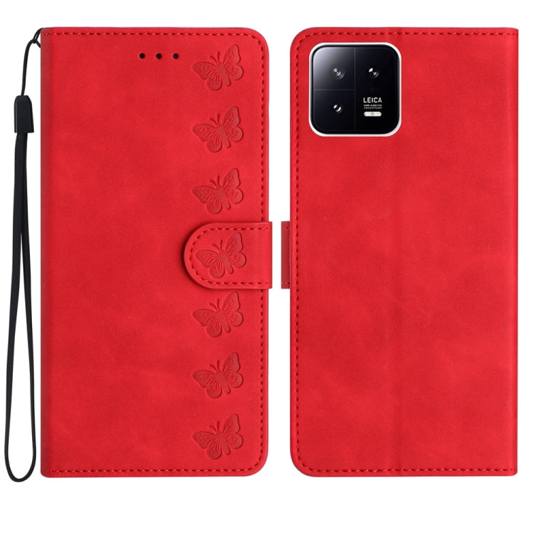 For Xiaomi 13 Seven Butterflies Embossed Leather Phone Case(Red) - 13 Cases by buy2fix | Online Shopping UK | buy2fix