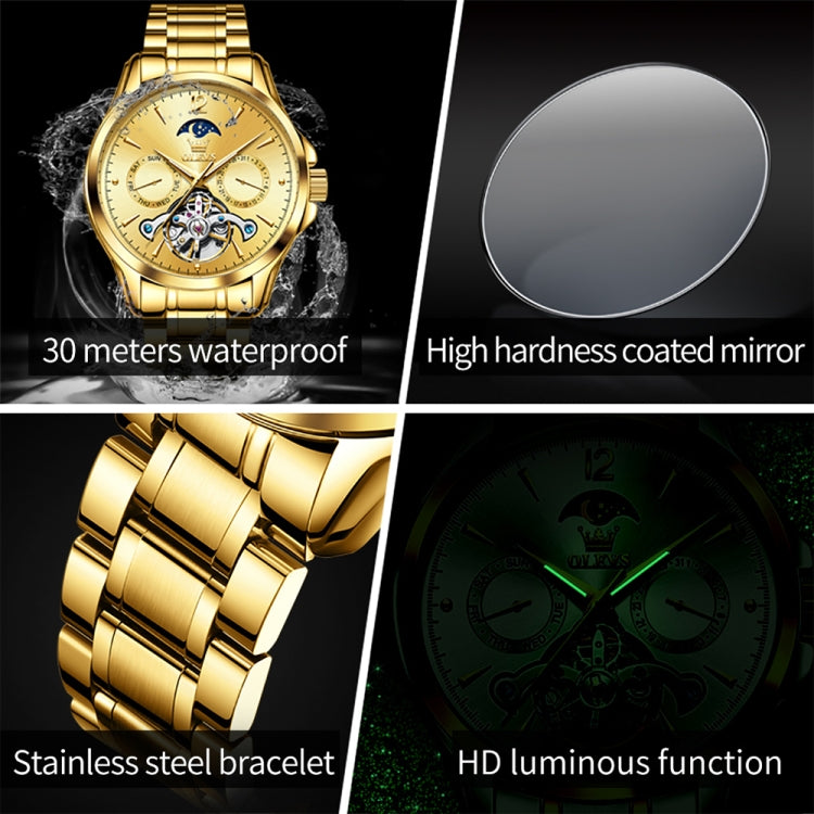 OLEVS 6663 Men Multifunctional Waterproof Hollow Steel Strap Mechanical Watch(Gold) - Metal Strap Watches by buy2fix | Online Shopping UK | buy2fix