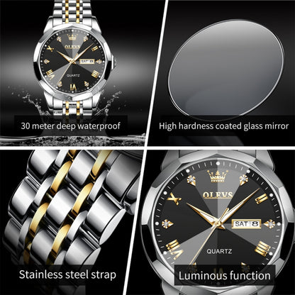 OLEVS 9931 Men Luminous Waterproof Quartz Watch(Black + Gold) - Metal Strap Watches by OLEVS | Online Shopping UK | buy2fix