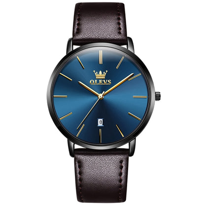 OLEVS 5869 Men Business Waterproof Genuine Leather Strap Quartz Watch(Blue + Dark Brown) - Leather Strap Watches by OLEVS | Online Shopping UK | buy2fix