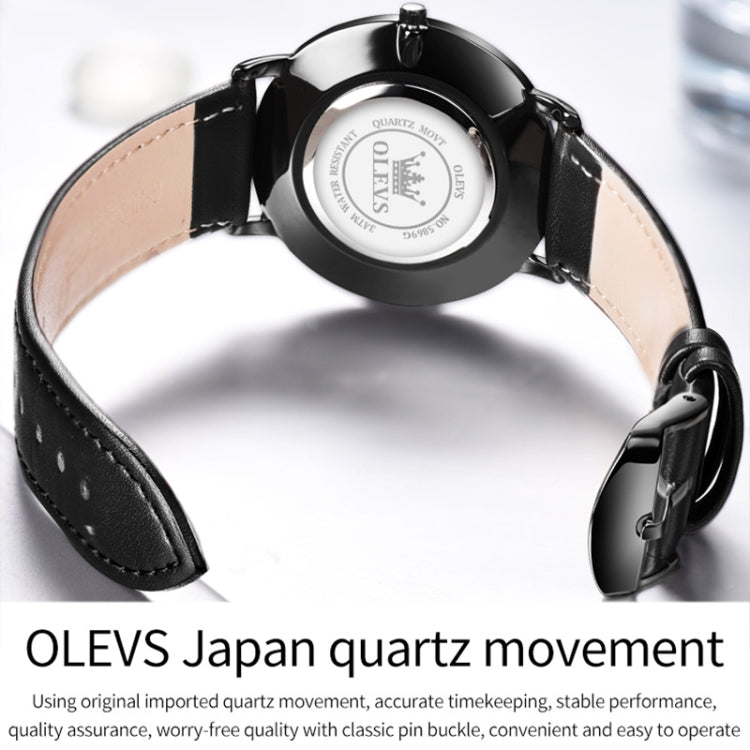 OLEVS 5869 Men Business Waterproof Genuine Leather Strap Quartz Watch(Black + Blue) - Leather Strap Watches by OLEVS | Online Shopping UK | buy2fix