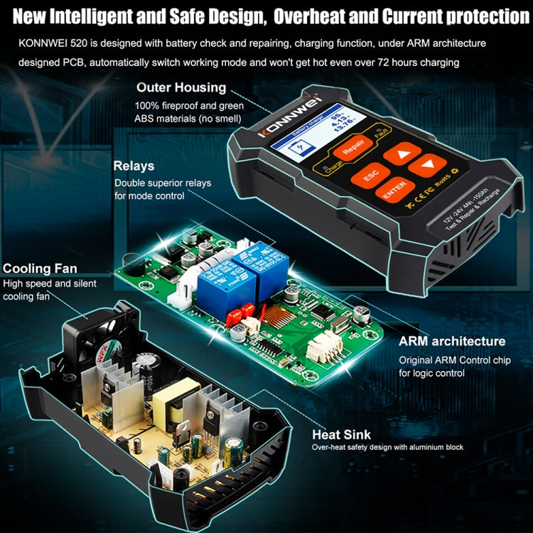 KONNWEI KW520 12V / 24V 3 in 1 Car Battery Tester with Detection & Repair & Charging Function(UK Plug) - Code Readers & Scan Tools by KONNWEI | Online Shopping UK | buy2fix