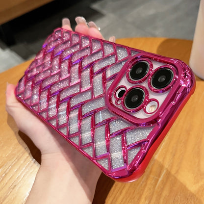 For iPhone 12 Woven Grid 3D Electroplating Laser Engraving Glitter Paper Phone Case(Rose Red) - iPhone 12 / 12 Pro Cases by buy2fix | Online Shopping UK | buy2fix