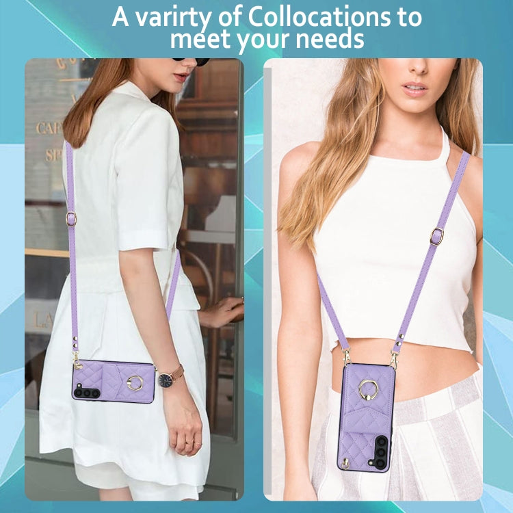 For Samsung Galaxy S23+ 5G Rhombic Texture Card Bag Phone Case with Long Lanyard(Light Purple) - Galaxy S23+ 5G Cases by buy2fix | Online Shopping UK | buy2fix