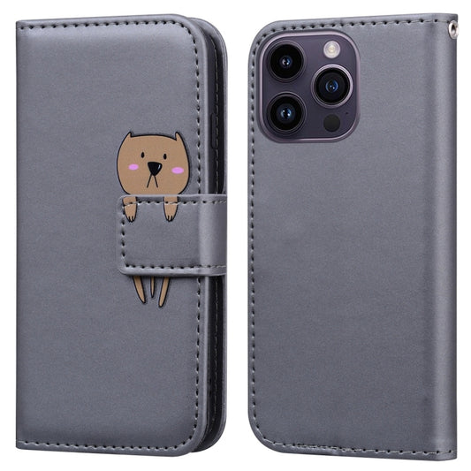 For iPhone 15 Pro Max Cartoon Buckle Horizontal Flip Leather Phone Case(Grey) - iPhone 15 Pro Max Cases by buy2fix | Online Shopping UK | buy2fix
