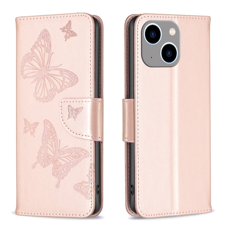 For iPhone 15 Plus Embossing Two Butterflies Pattern Leather Phone Case(Rose Gold) - iPhone 15 Plus Cases by buy2fix | Online Shopping UK | buy2fix