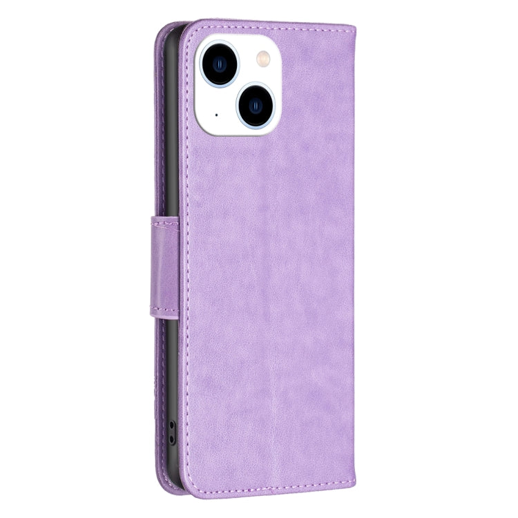 For iPhone 15 Embossing Two Butterflies Pattern Leather Phone Case(Purple) - iPhone 15 Cases by buy2fix | Online Shopping UK | buy2fix