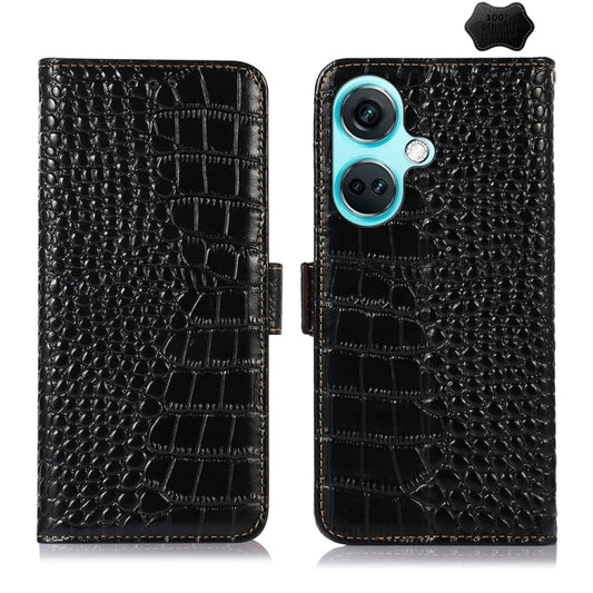 For OnePlus Nord CE3 5G Crocodile Top Layer Cowhide Leather Phone Case(Black) - OnePlus Cases by buy2fix | Online Shopping UK | buy2fix