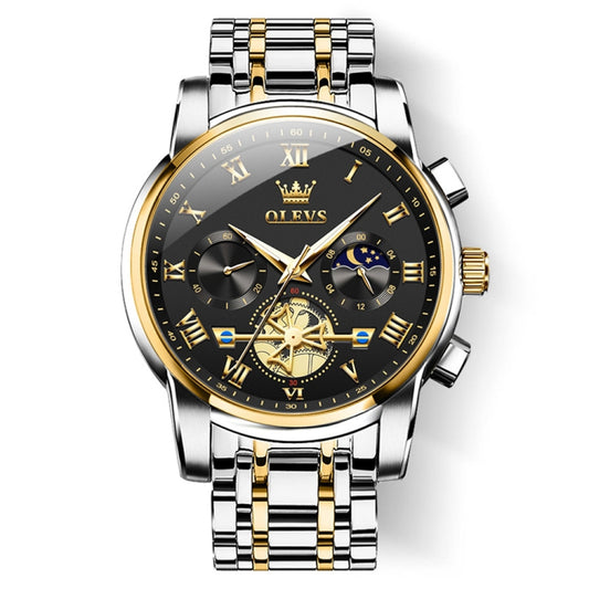 OLEVS 2859 Men Multifunctional Luminous Waterproof Quartz Watch(Black + Gold) - Metal Strap Watches by OLEVS | Online Shopping UK | buy2fix